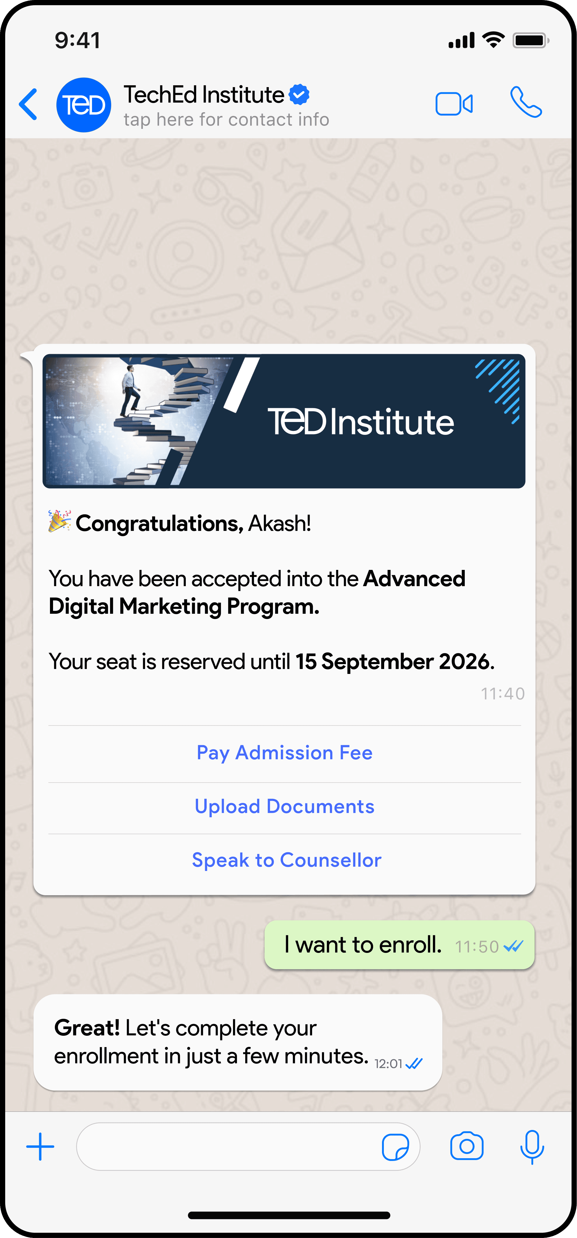 TechEd Institute WhatsApp — enrolment next steps