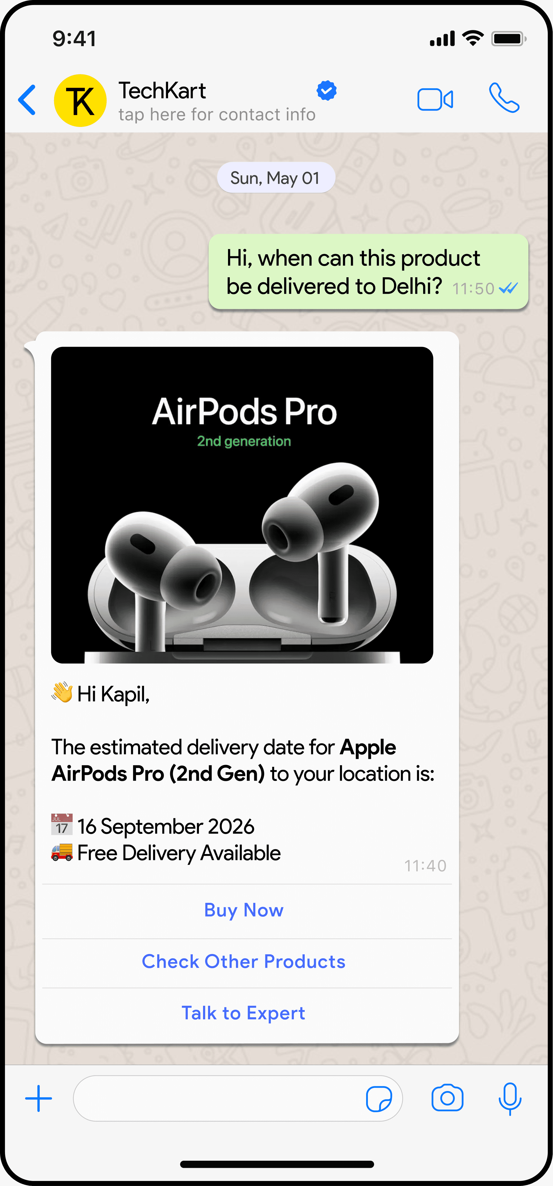 TechKart WhatsApp — AirPods Pro delivery-date answer